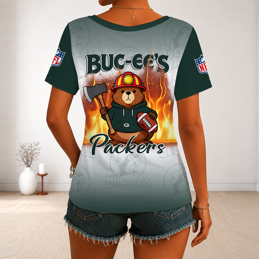 [SPECIAL OFFER] NEW CUSTOMIZED NFL08 GBP GREEN BAY PACKERS BUC-EE'S V-NECK FEMALE SHIRT