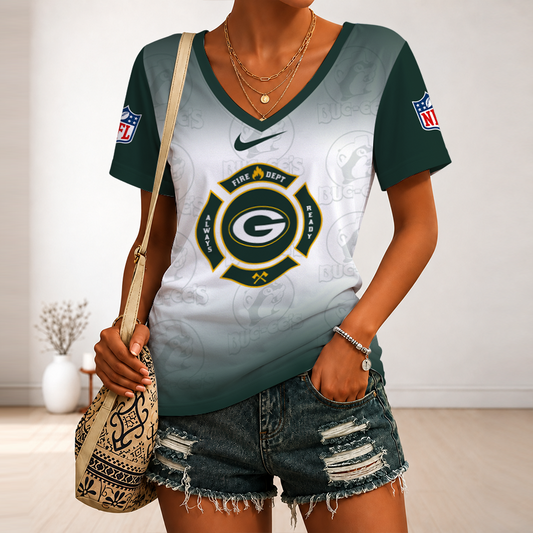 [SPECIAL OFFER] NEW CUSTOMIZED NFL08 GBP GREEN BAY PACKERS BUC-EE'S V-NECK FEMALE SHIRT