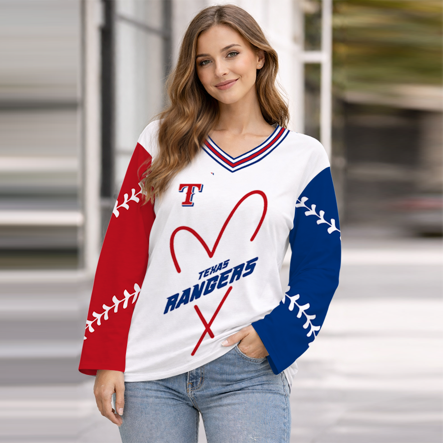 LIMITED EDITION - NEW CUSTOMIZED MLB08 TRS TEXAS RANGERS WOMEN'S HEART V-NECK LONG SLEEVE SHIRT