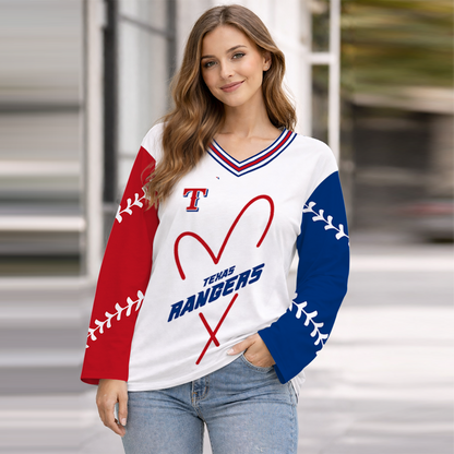LIMITED EDITION - NEW CUSTOMIZED MLB08 TRS TEXAS RANGERS WOMEN'S HEART V-NECK LONG SLEEVE SHIRT