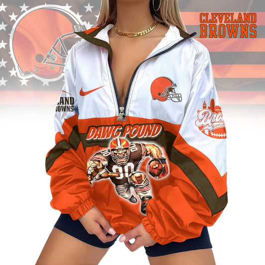 LIMITED EDITION - NEW CUSTOMIZED NFL29 CLB CLEVELAND BROWNS V-NECK ZIPPER SWEATSHIRT JACKET