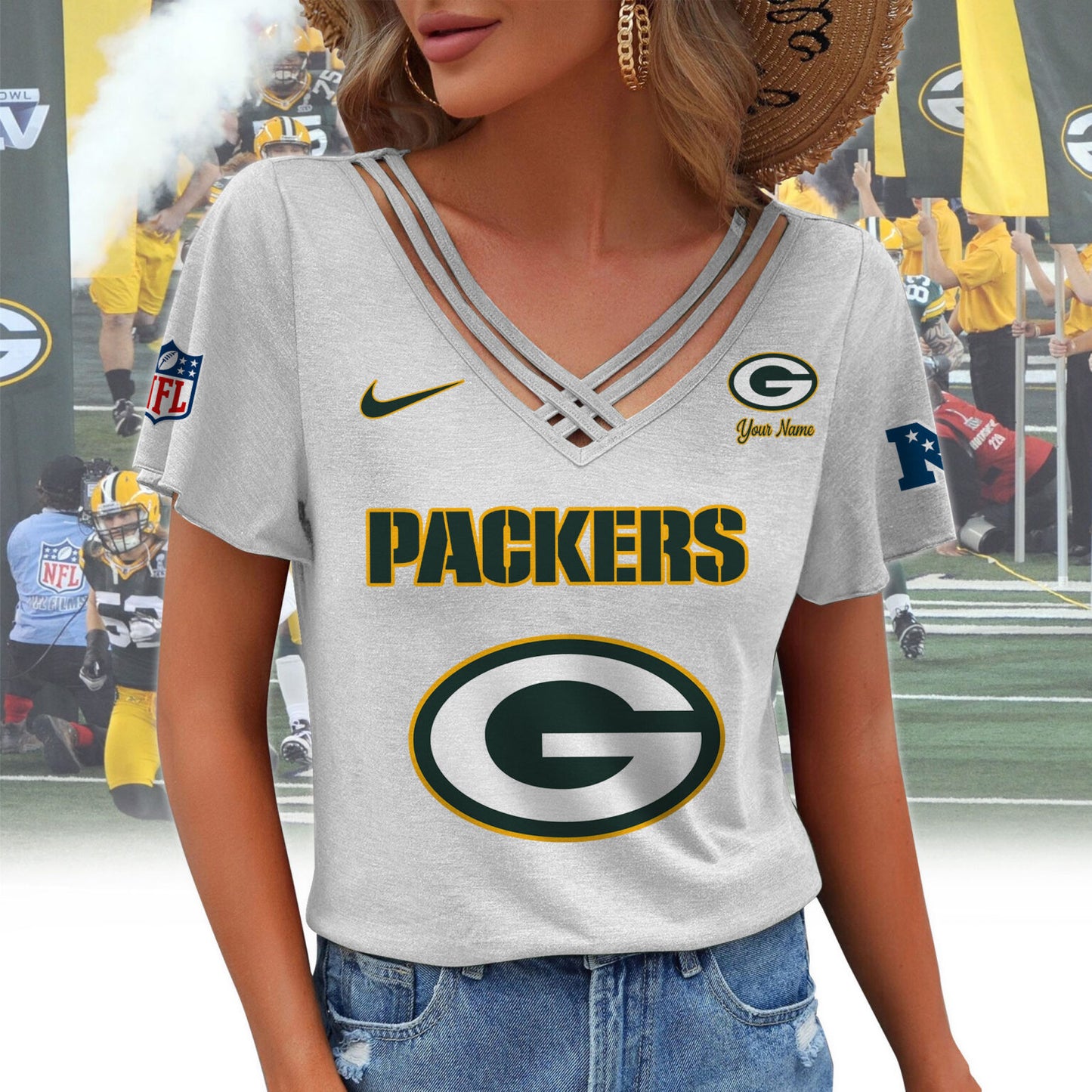 [SPECIAL OFFER] NEW CUSTOMIZED NFL08 GBP GREEN BAY PACKERS V-NECK SHIRT