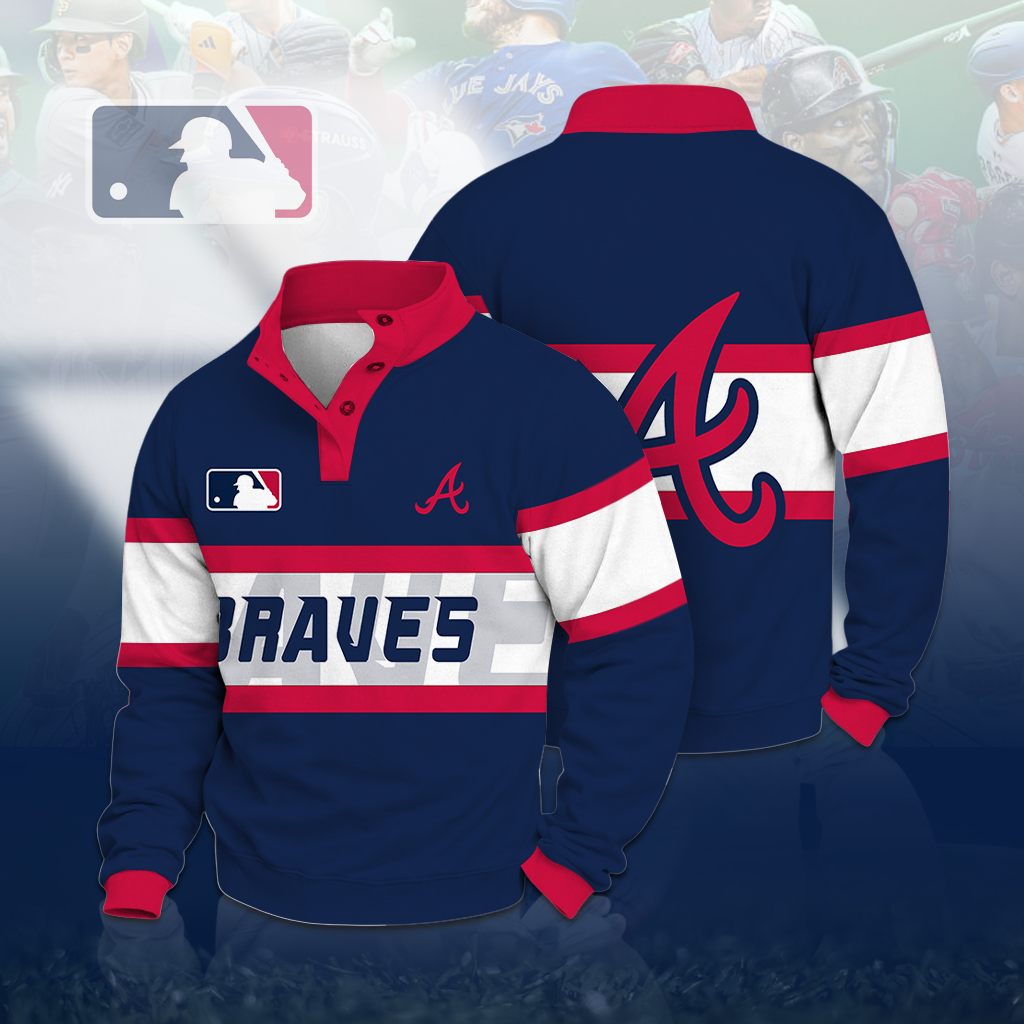 LIMITED EDITION - NEW CUSTOMIZED MLB09 ABS ATLANTA BRAVES BUTTON QUARTER PLACKET SWEATSHIRT