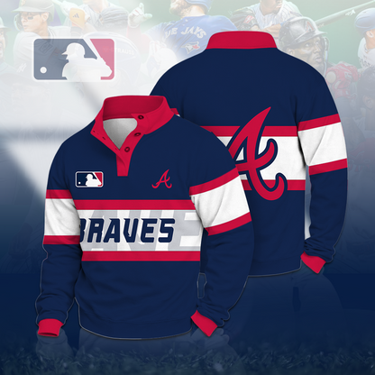 LIMITED EDITION - NEW CUSTOMIZED MLB09 ABS ATLANTA BRAVES BUTTON QUARTER PLACKET SWEATSHIRT
