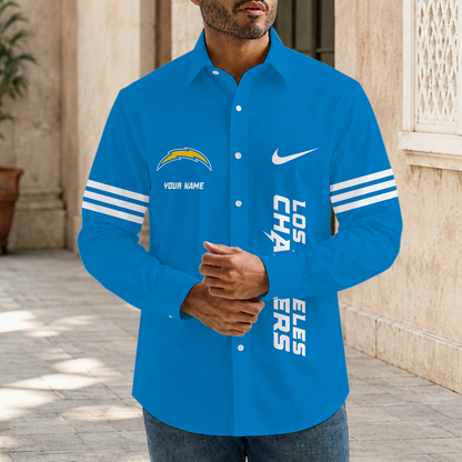 [SPECIAL OFFER] NEW CUSTOMIZED NFL09 LAC LOS ANGELES CHARGERS MEN'S LONG SLEEVE BUTTON-UP SHIRT