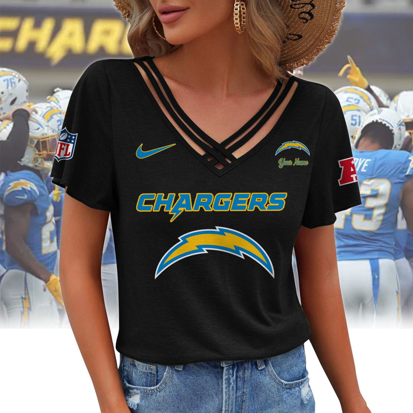 [SPECIAL OFFER] NEW CUSTOMIZED NFL09 LAC LOS ANGELES CHARGERS V-NECK SHIRT
