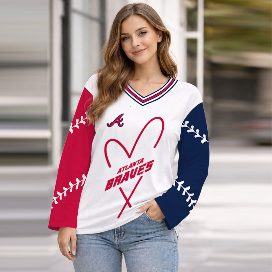 LIMITED EDITION - NEW CUSTOMIZED MLB09 ABS ATLANTA BRAVES WOMEN'S HEART V-NECK LONG SLEEVE SHIRT