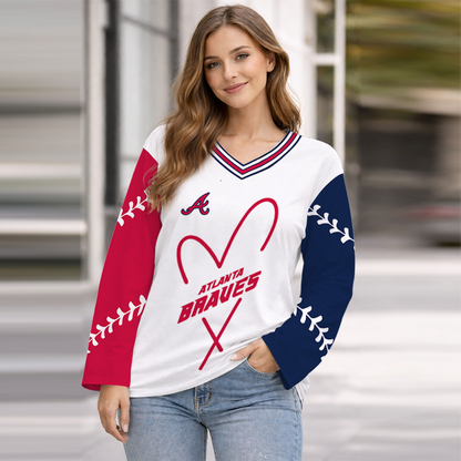 LIMITED EDITION - NEW CUSTOMIZED MLB09 ABS ATLANTA BRAVES WOMEN'S HEART V-NECK LONG SLEEVE SHIRT