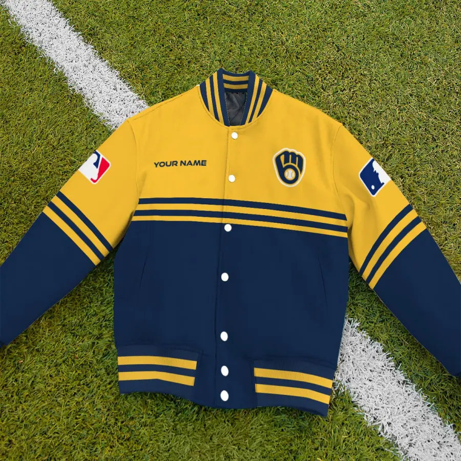 LIMITED EDITION - NEW CUSTOMIZED MLB15 MBS MILWAUKEE BREWERS BASEBALL JACKET, SATIN VARSITY JACKET