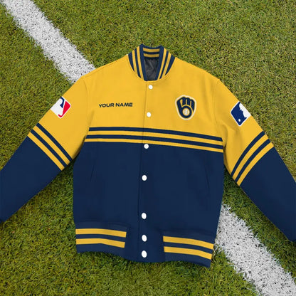 LIMITED EDITION - NEW CUSTOMIZED MLB15 MBS MILWAUKEE BREWERS BASEBALL JACKET, SATIN VARSITY JACKET
