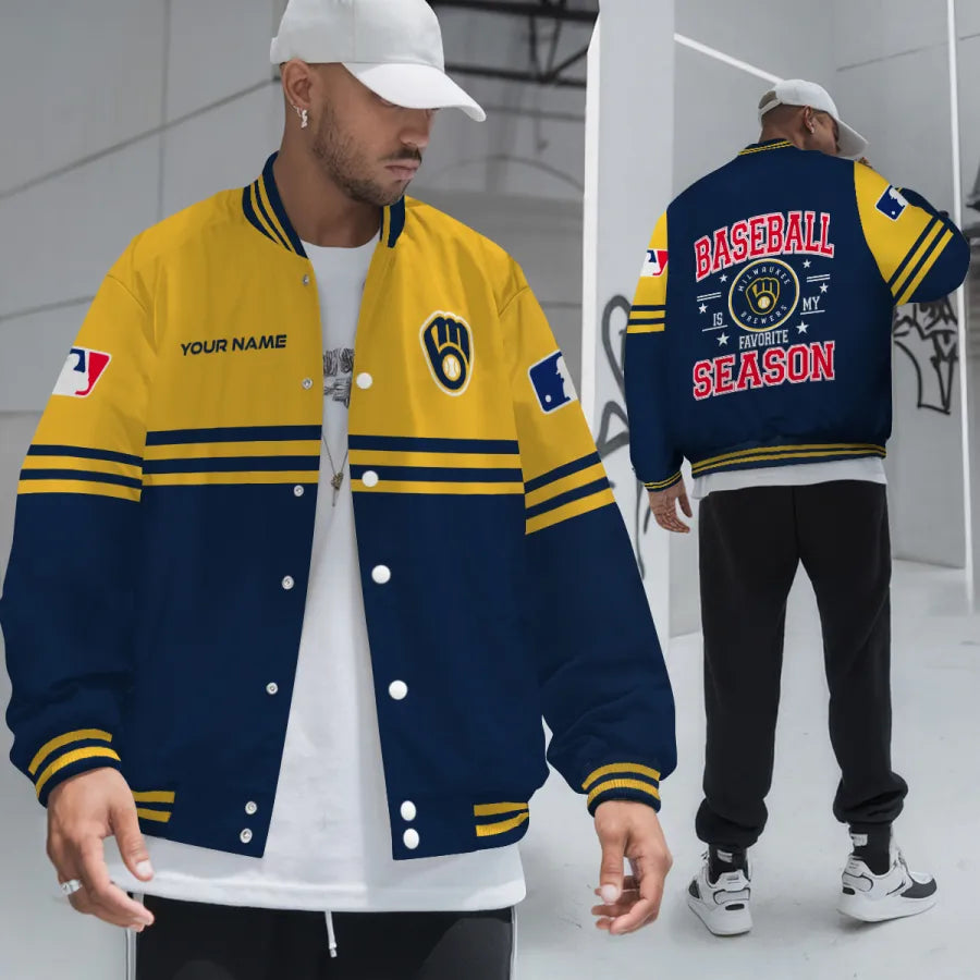 LIMITED EDITION - NEW CUSTOMIZED MLB15 MBS MILWAUKEE BREWERS BASEBALL JACKET, SATIN VARSITY JACKET