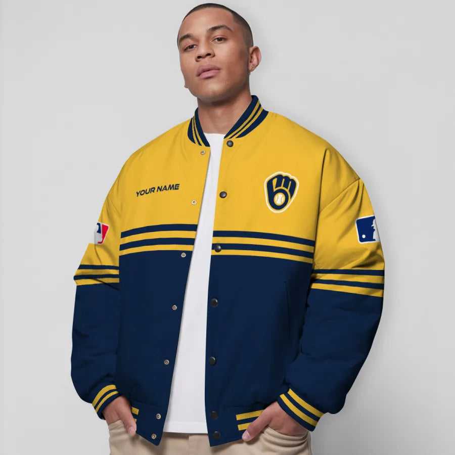 LIMITED EDITION - NEW CUSTOMIZED MLB15 MBS MILWAUKEE BREWERS BASEBALL JACKET, SATIN VARSITY JACKET