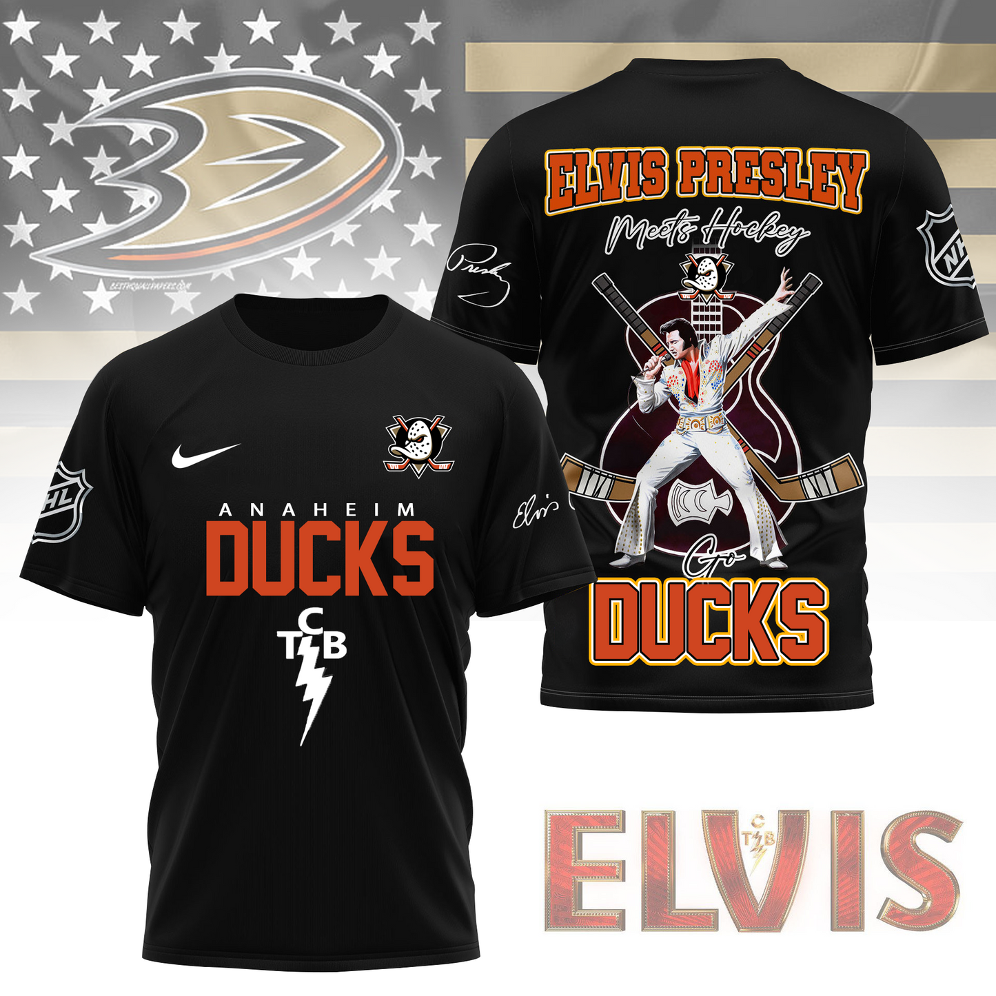 LIMITED EDITION - NEW CUSTOMIZED NHL09 AHD ANAHEIM DUCKS X ELVIS PRESLEY FAN 3D SHIRT