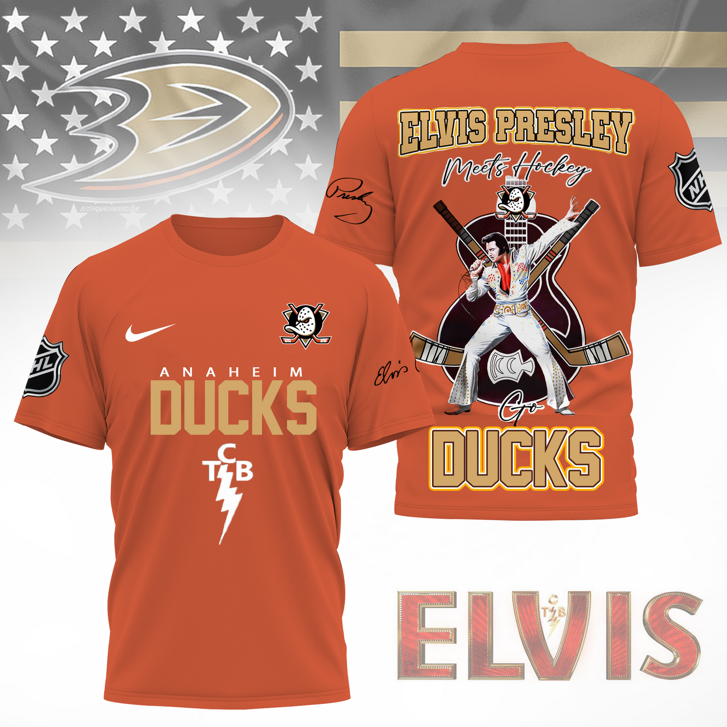 LIMITED EDITION - NEW CUSTOMIZED NHL09 AHD ANAHEIM DUCKS X ELVIS PRESLEY FAN 3D SHIRT