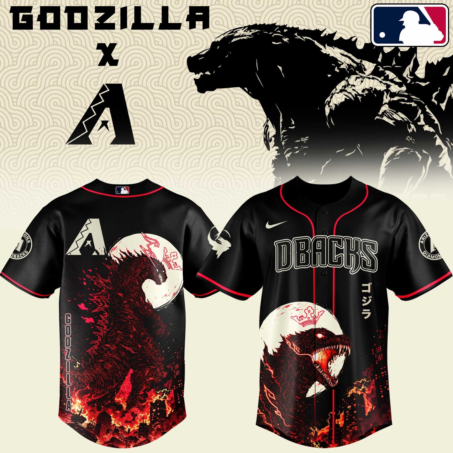 LIMITED EDITION - NEW CUSTOMIZED MLB07 ADS ARIZONA DIAMONDBACKS x GODZILLA BASEBALL JERSEY & CAP