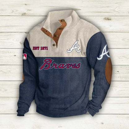 [FLASH SALE] NEW CUSTOMIZED MLB09 ABS ATLANTA BRAVES BUTTON SWEATSHIRTS STAND COLLAR