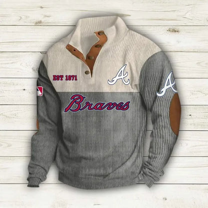 [FLASH SALE] NEW CUSTOMIZED MLB09 ABS ATLANTA BRAVES BUTTON SWEATSHIRTS STAND COLLAR