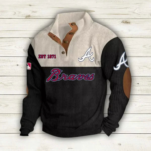 [FLASH SALE] NEW CUSTOMIZED MLB09 ABS ATLANTA BRAVES BUTTON SWEATSHIRTS STAND COLLAR