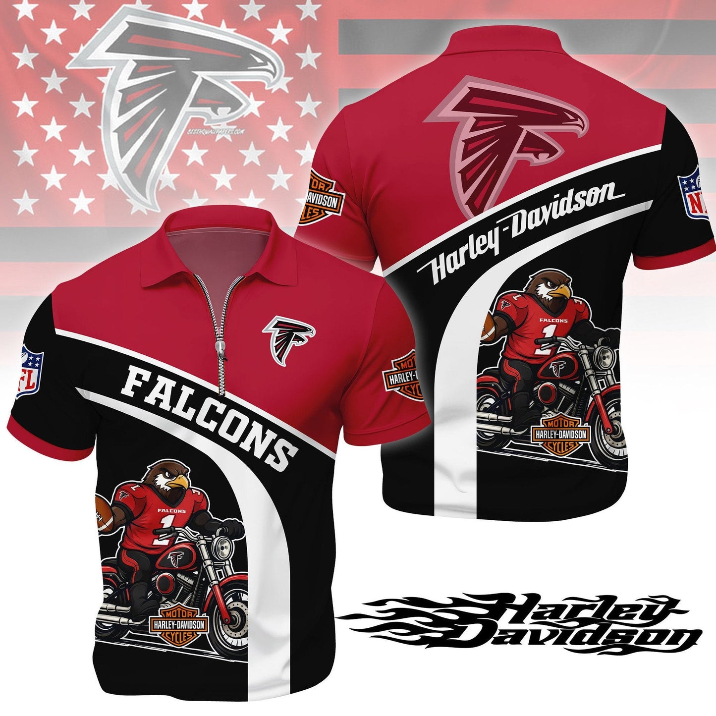 LIMITED EDITION - NEW CUSTOMIZED NFL18 ATF ATLANTA FALCONS HARLEY-DAVIDSON POLO WITH ZIPPER SHIRT
