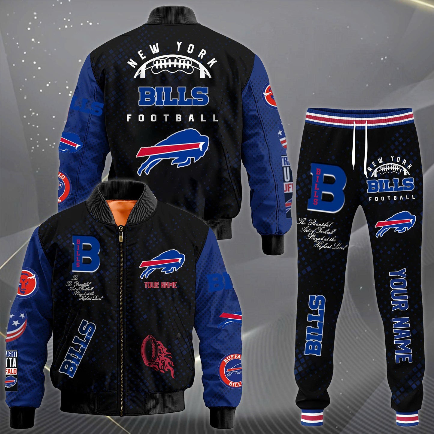 LIMITED EDITION - NEW CUSTOMIZED NFL03 BFB BUFFALO BILLS SATIN VARSITY JACKET & LONG PANTS