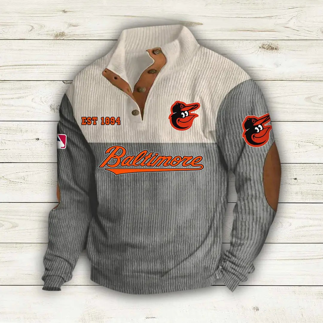 [FLASH SALE] NEW CUSTOMIZED MLB25 BOS BALTIMORE ORIOLES BUTTON SWEATSHIRTS STAND COLLAR