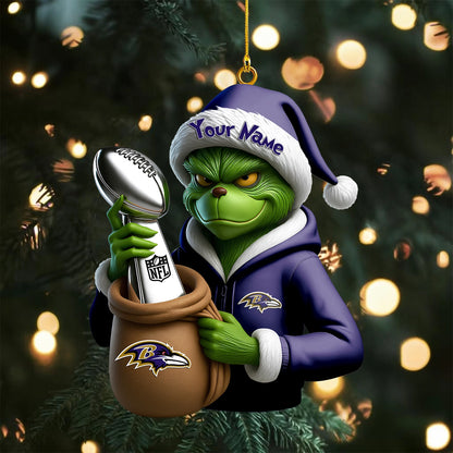 LIMITED EDITION - NEW CUSTOMIZED NFL28 BTR BALTIMORE RAVENS THE GRINCH ACRYLIC ORNAMENT