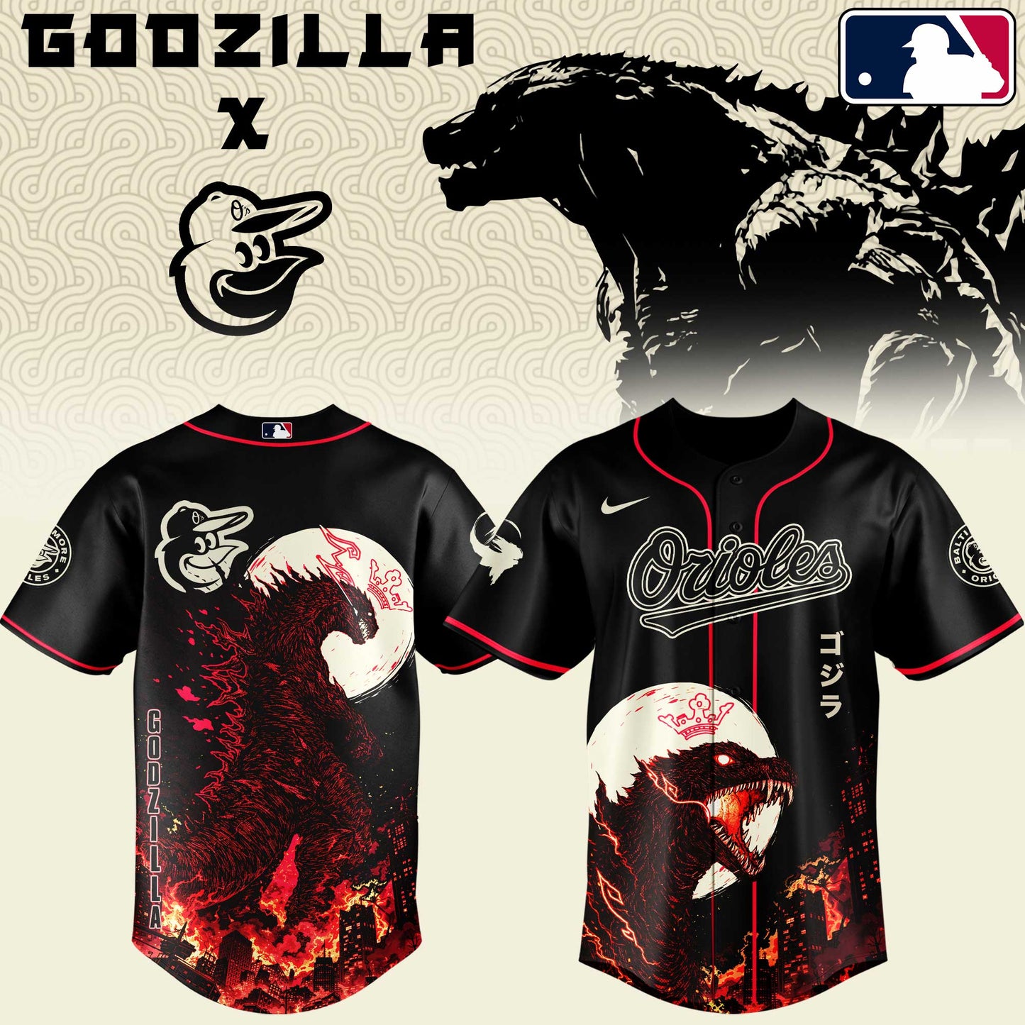 LIMITED EDITION - NEW CUSTOMIZED MLB25 BOS BALTIMORE ORIOLES x GODZILLA BASEBALL JERSEY & CAP