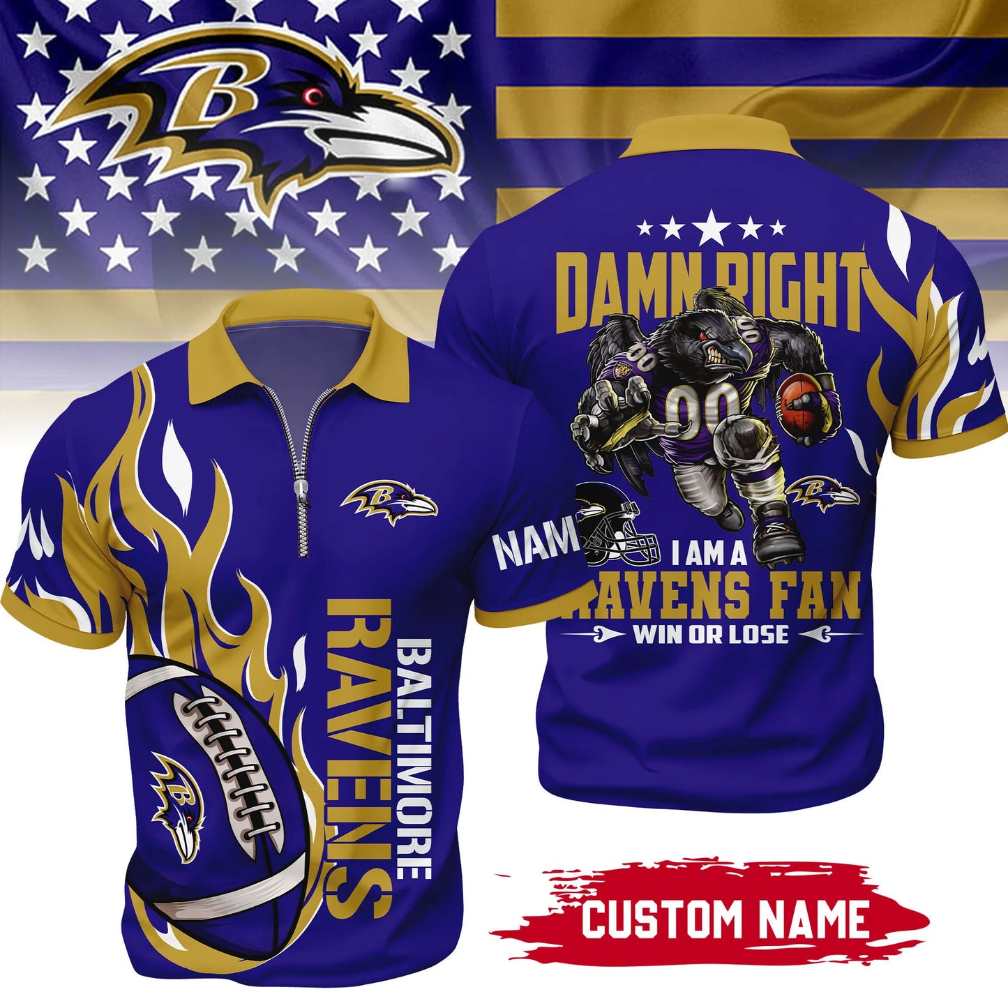LIMITED EDITION - NEW CUSTOMIZED NFL28 BTR BALTIMORE RAVENS ZIP POLO SHIRT