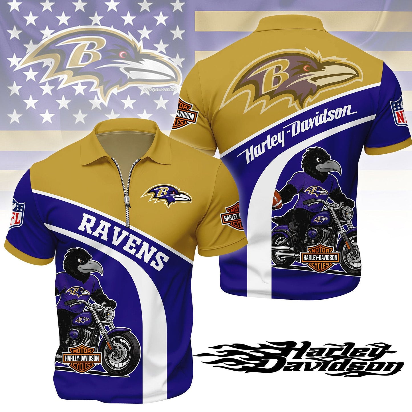 LIMITED EDITION - NEW CUSTOMIZED NFL28 BTR BALTIMORE RAVENS HARLEY-DAVIDSON POLO WITH ZIPPER SHIRT