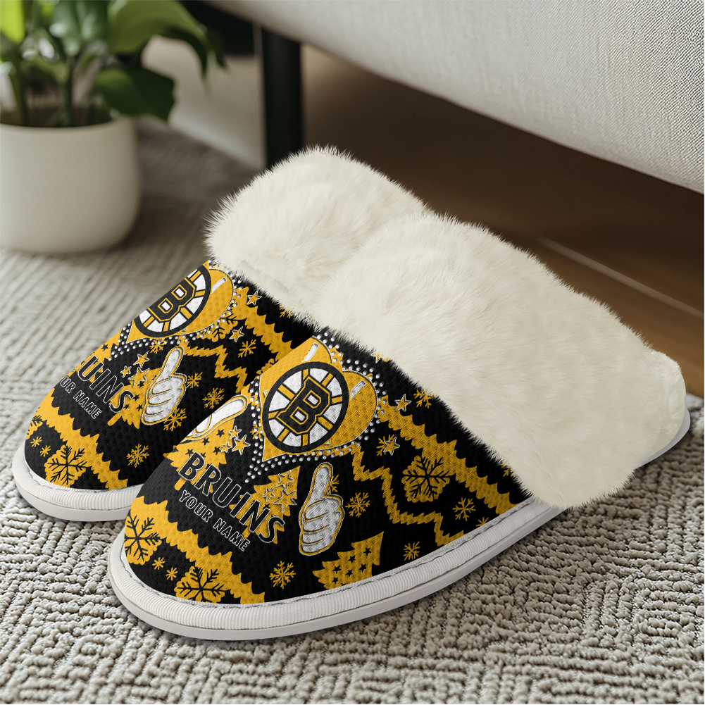 LIMITED EDITION - NEW CUSTOMIZED NHL02 BTB BOSTON BRUINS FUR-LINED SLIPPERS