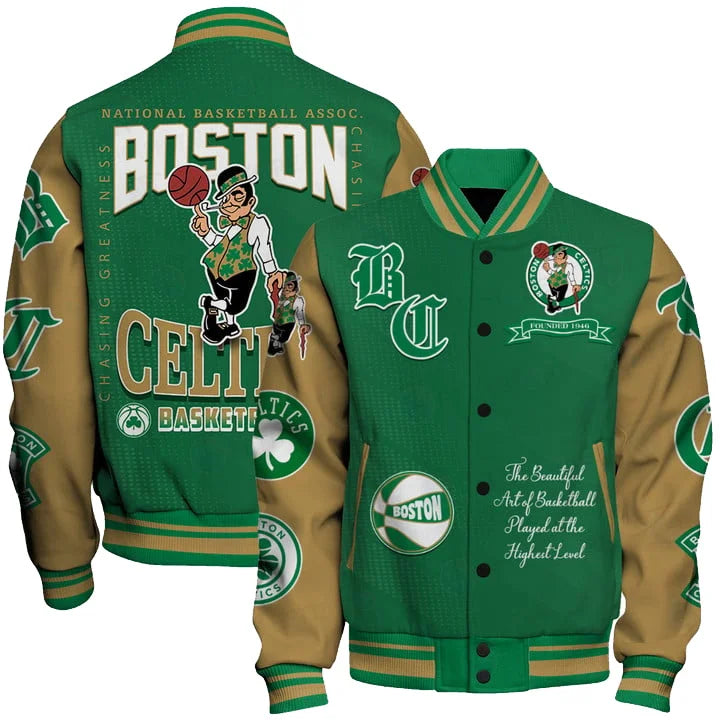 LIMITED EDITION - NEW CUSTOMIZED NBA03 BCE BOSTON CELTICS BASEBALL JACKET, SATIN VARSITY JACKET