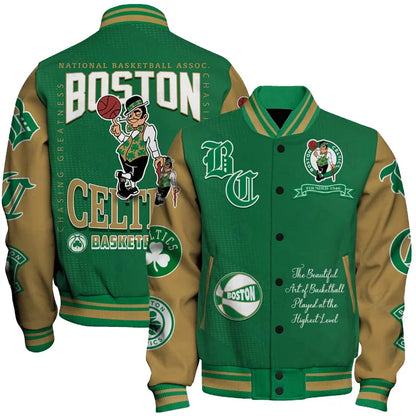 LIMITED EDITION - NEW CUSTOMIZED NBA03 BCE BOSTON CELTICS BASEBALL JACKET, SATIN VARSITY JACKET