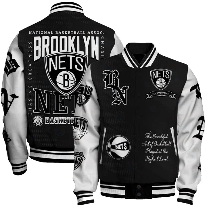 LIMITED EDITION - NEW CUSTOMIZED NBA25 BNE BROOKLYN NETS BASEBALL JACKET, SATIN VARSITY JACKET