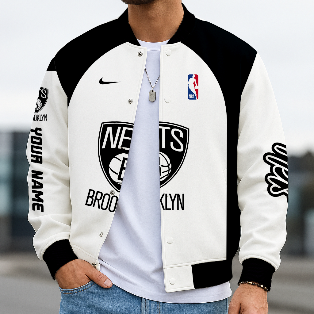 LIMITED EDITION - NEW CUSTOMIZED NBA25 BN BROOKLYN NETS BASEBALL JACKET, SATIN VARSITY JACKET