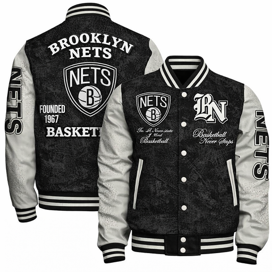 LIMITED EDITION - NEW CUSTOMIZED NBA25 BNE BROOKLYN NETS BASEBALL JACKET, SATIN VARSITY JACKET