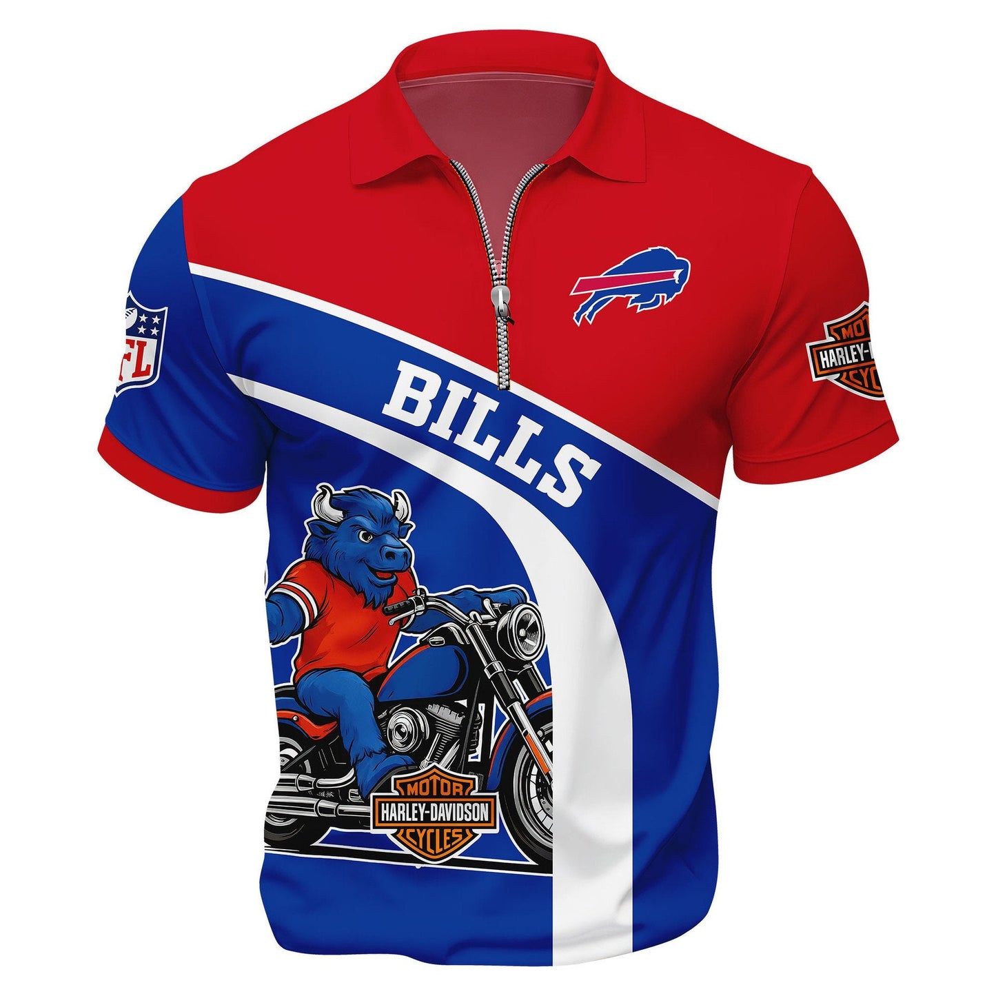 LIMITED EDITION - NEW CUSTOMIZED NFL03 BFB BUFFALO BILLS HARLEY-DAVIDSON POLO WITH ZIPPER SHIRT