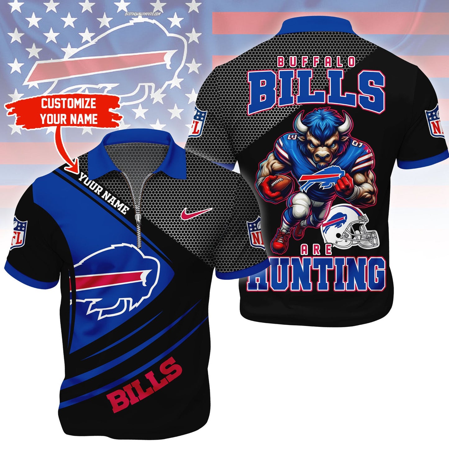 LIMITED EDITION - NEW CUSTOMIZED NFL03 BFB BUFFALO BILLS HARLEY-DAVIDSON POLO WITH ZIPPER SHIRT
