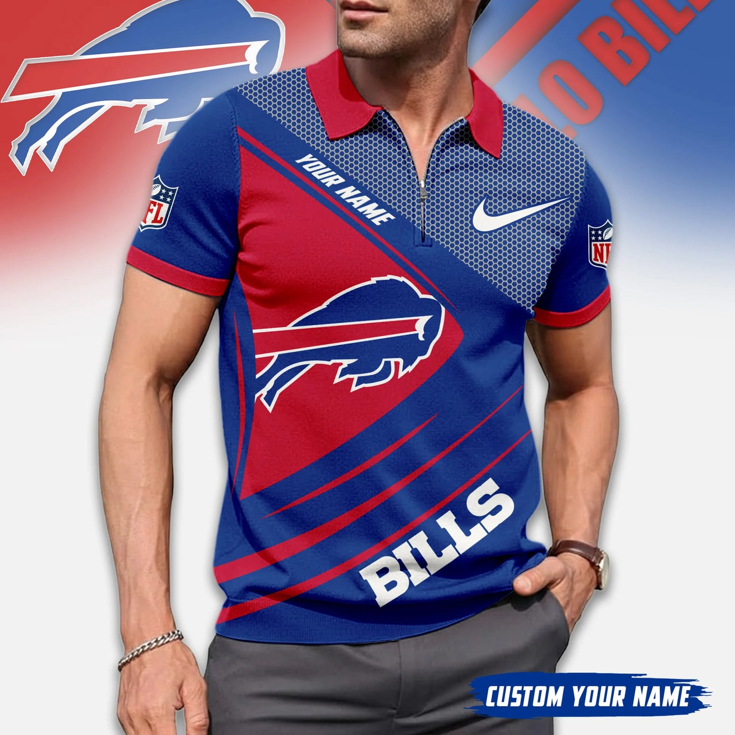 LIMITED EDITION - NEW CUSTOMIZED NFL03 BFB BUFFALO BILLS ZIP POLO SHIRT