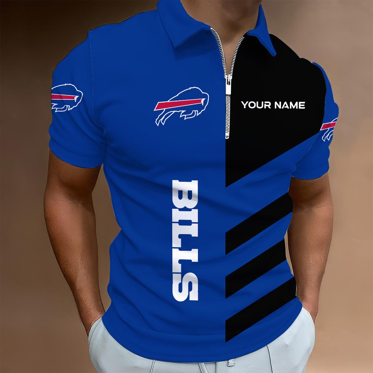 LIMITED EDITION - NEW CUSTOMIZED NFL03 BFB BUFFALO BILLS ZIP POLO SHIRT