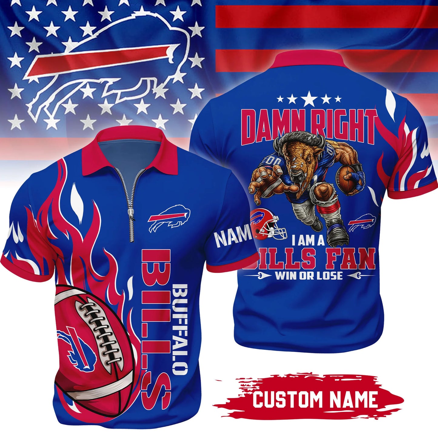 LIMITED EDITION - NEW CUSTOMIZED NFL03 BFB BUFFALO BILLS ZIP POLO SHIRT