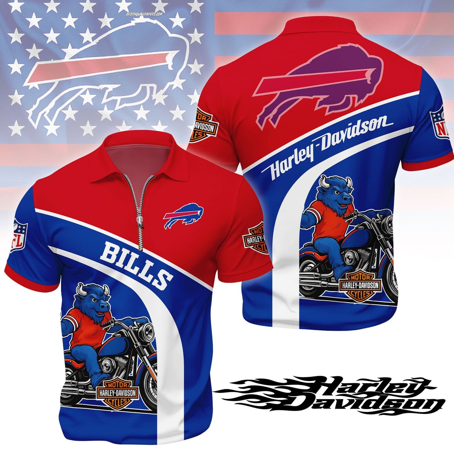 LIMITED EDITION - NEW CUSTOMIZED NFL03 BFB BUFFALO BILLS HARLEY-DAVIDSON POLO WITH ZIPPER SHIRT