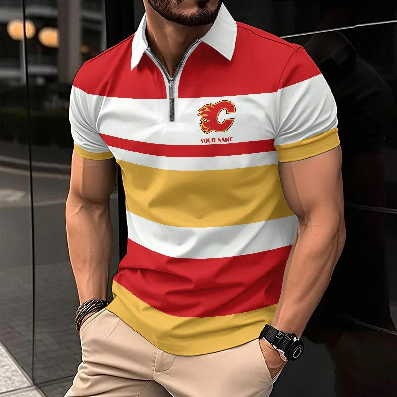 LIMITED EDITION - NEW CUSTOMIZED NHL17 CGF CALGARY FLAMES ZIP POLO SHIRT