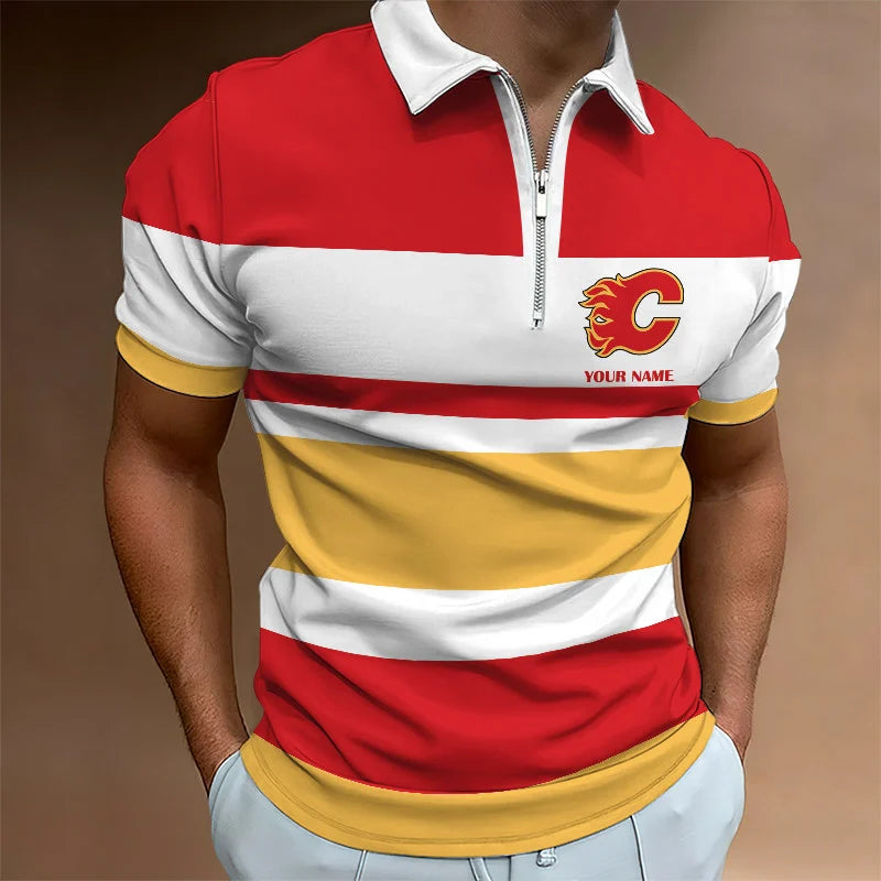 LIMITED EDITION - NEW CUSTOMIZED NHL17 CGF CALGARY FLAMES ZIP POLO SHIRT