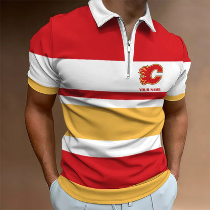 LIMITED EDITION - NEW CUSTOMIZED NHL17 CGF CALGARY FLAMES ZIP POLO SHIRT