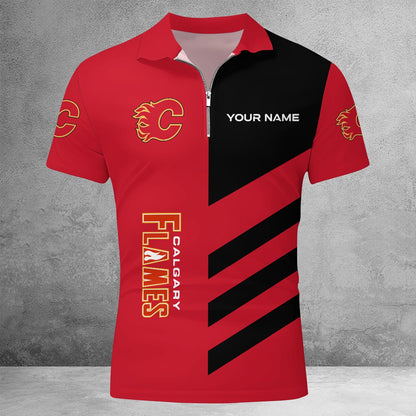 LIMITED EDITION - NEW CUSTOMIZED NHL17 CGF CALGARY FLAMES ZIP POLO SHIRT
