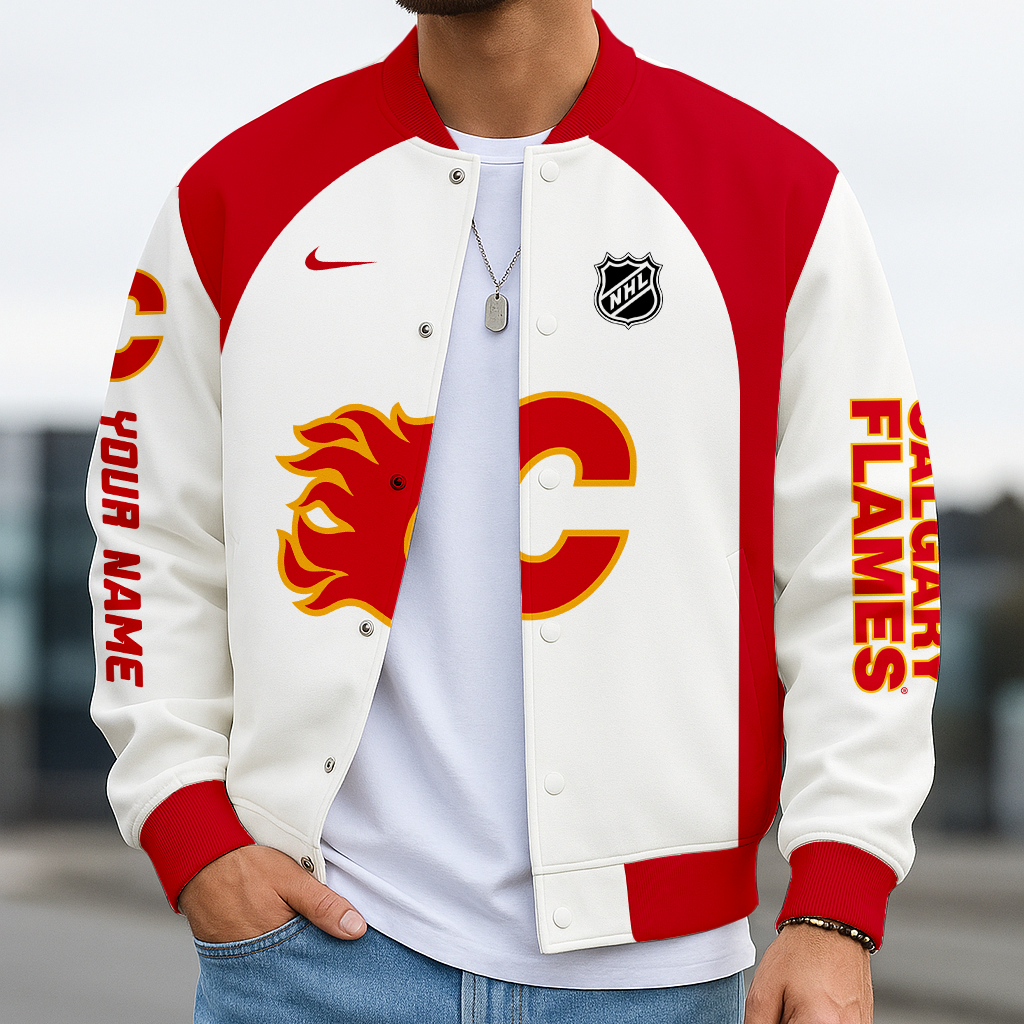 LIMITED EDITION - NEW CUSTOMIZED NHL17 CGF CALGARY FLAMES SATIN VARSITY JACKET & BASEBALL JACKET