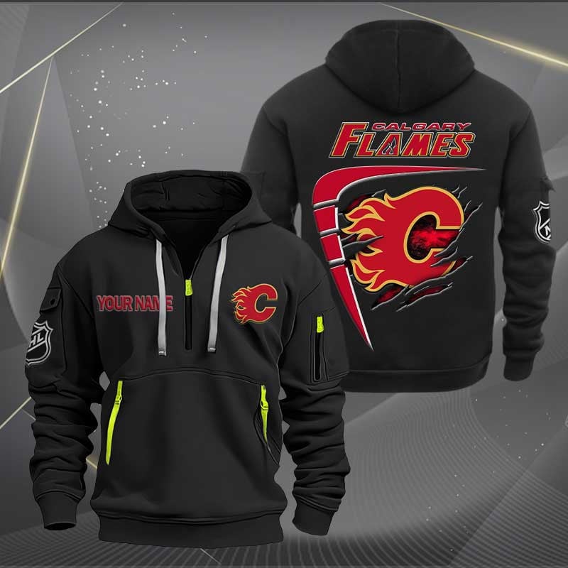 LIMITED EDITION - NEW CUSTOMIZED NHL17 CGF CALGARY FLAMES QUARTER ZIP HOODIE