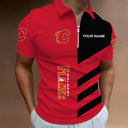 LIMITED EDITION - NEW CUSTOMIZED NHL17 CGF CALGARY FLAMES ZIP POLO SHIRT