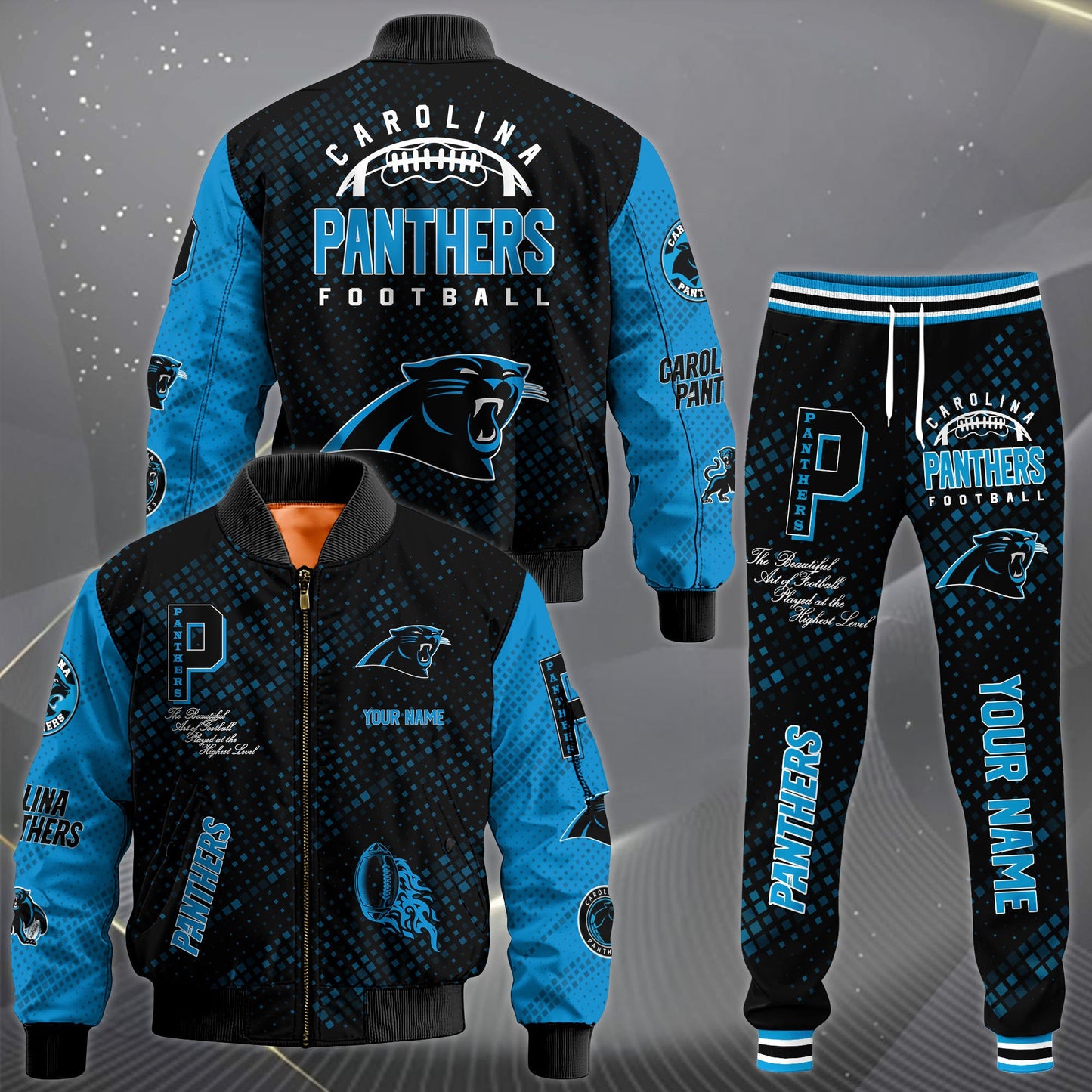 LIMITED EDITION - NEW CUSTOMIZED NFL23 CLP CAROLINA PANTHERS SATIN VARSITY JACKET & LONG PANTS