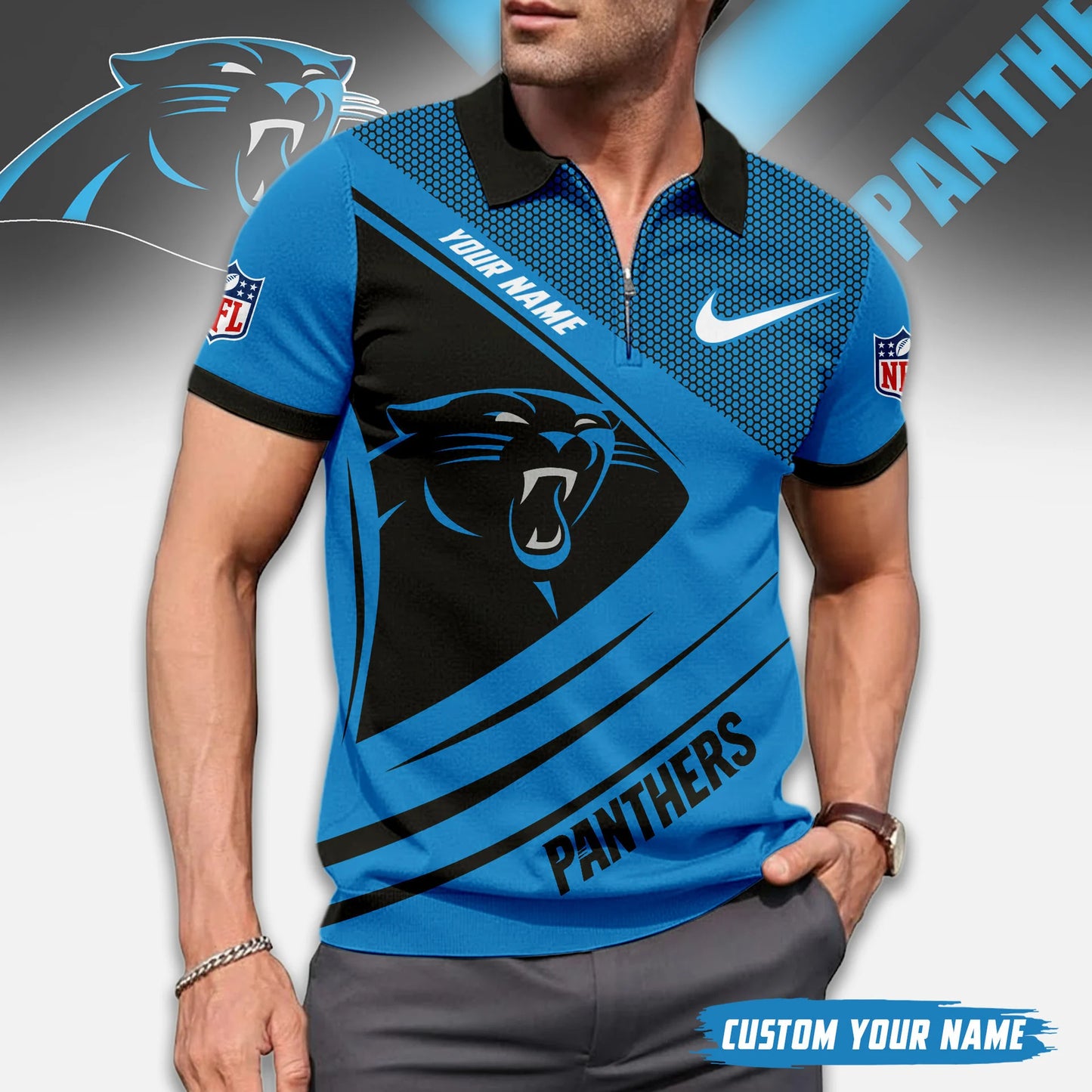 LIMITED EDITION - NEW CUSTOMIZED NFL23 CLP CAROLINA PANTHERS ZIP POLO SHIRT